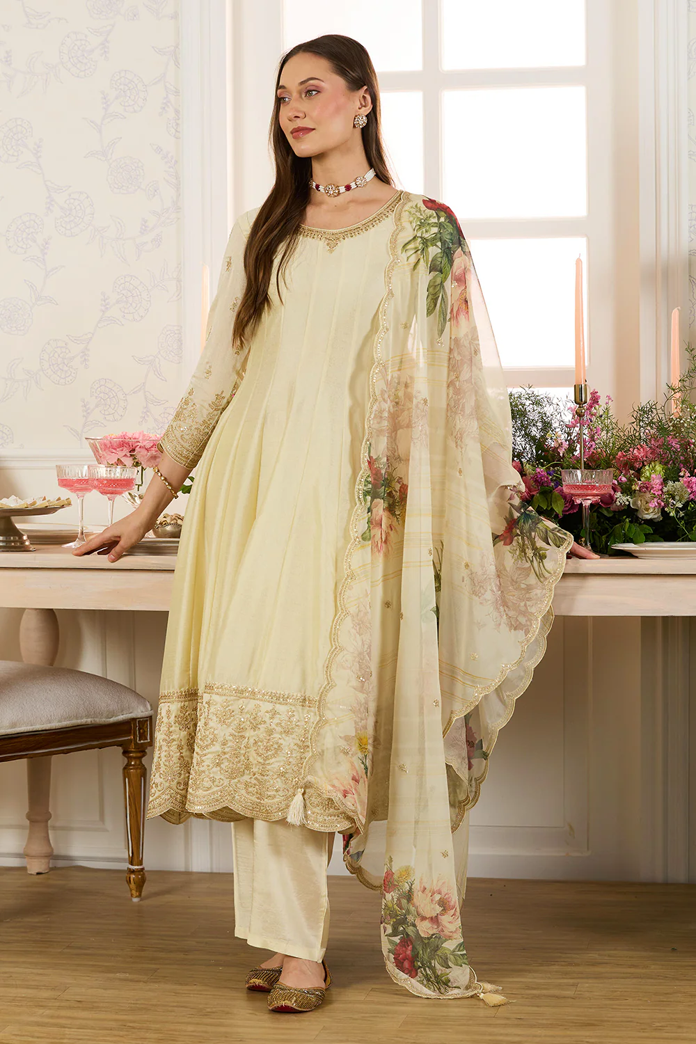 Cream Embroidered Crepe Silk Anarkali Suit - Image 3