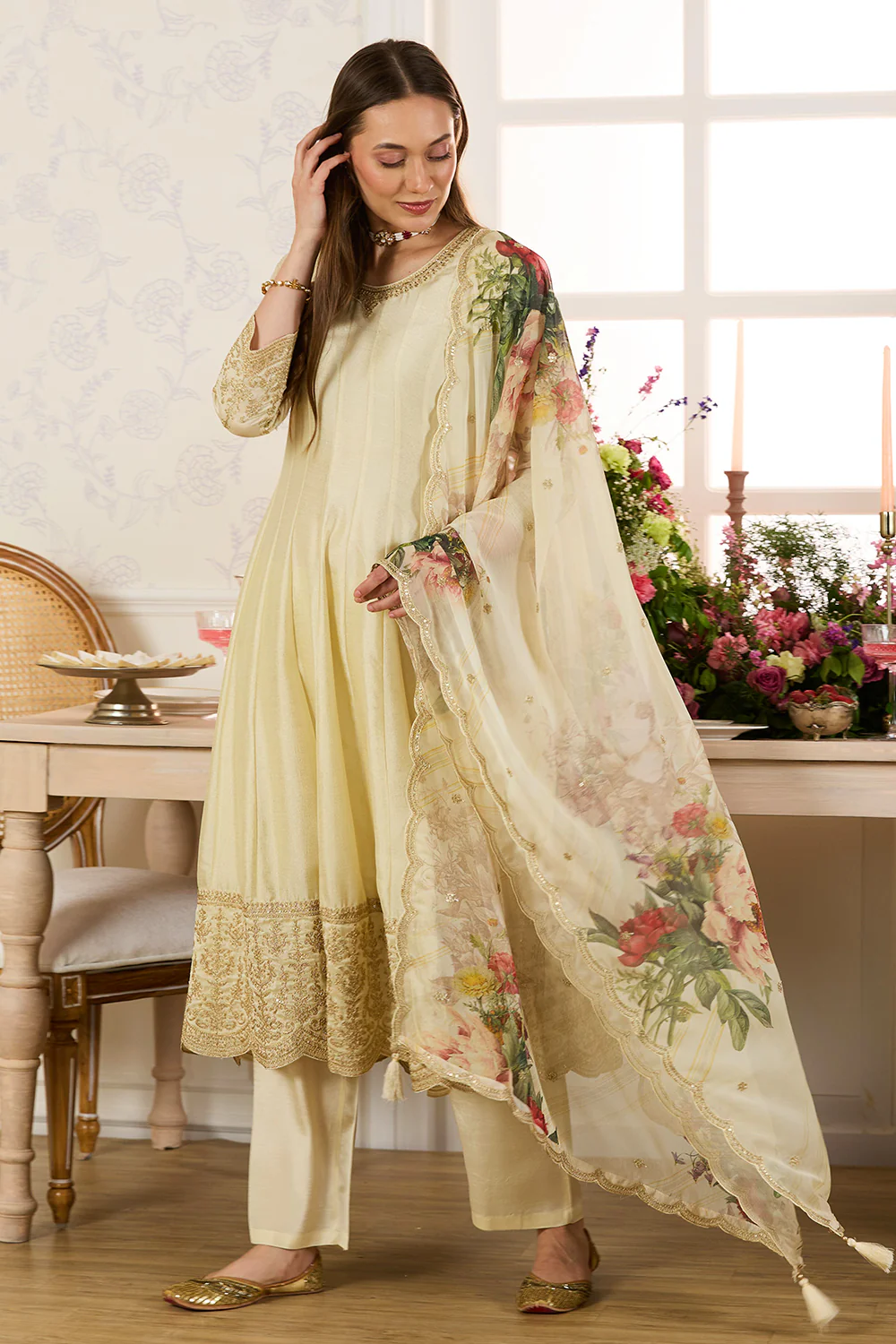 Cream Embroidered Crepe Silk Anarkali Suit - Image 4
