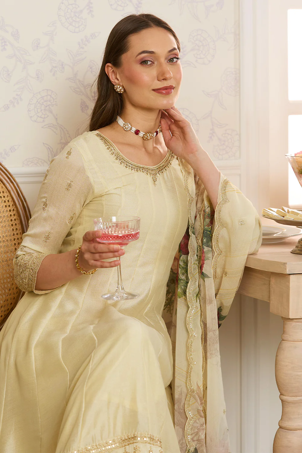 Cream Embroidered Crepe Silk Anarkali Suit - Image 5