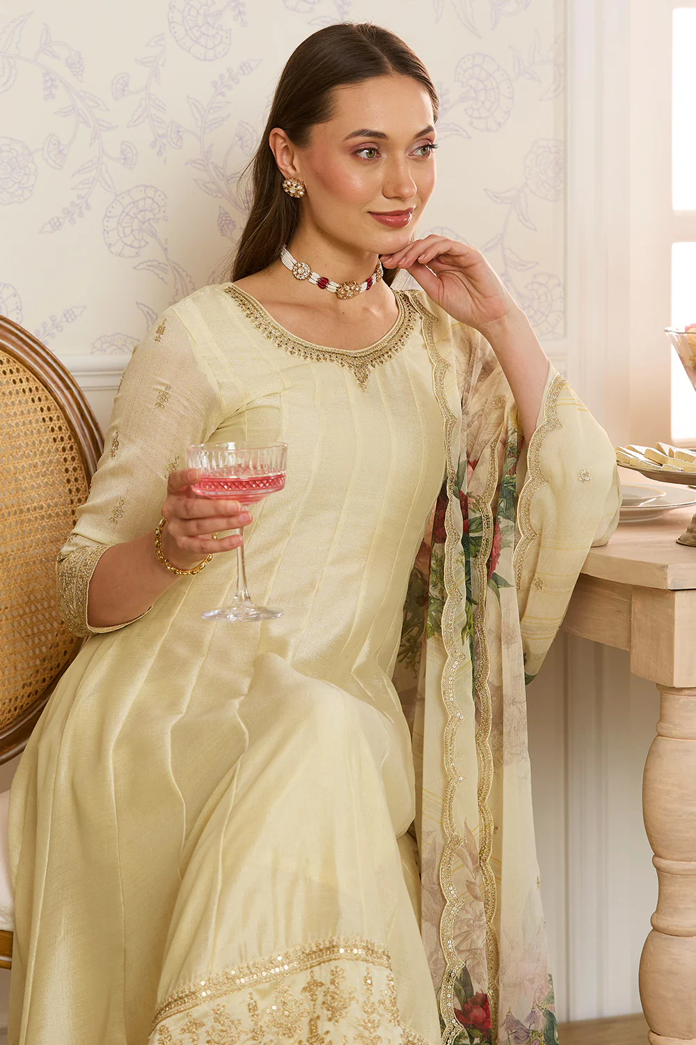 Cream Embroidered Crepe Silk Anarkali Suit - Image 6