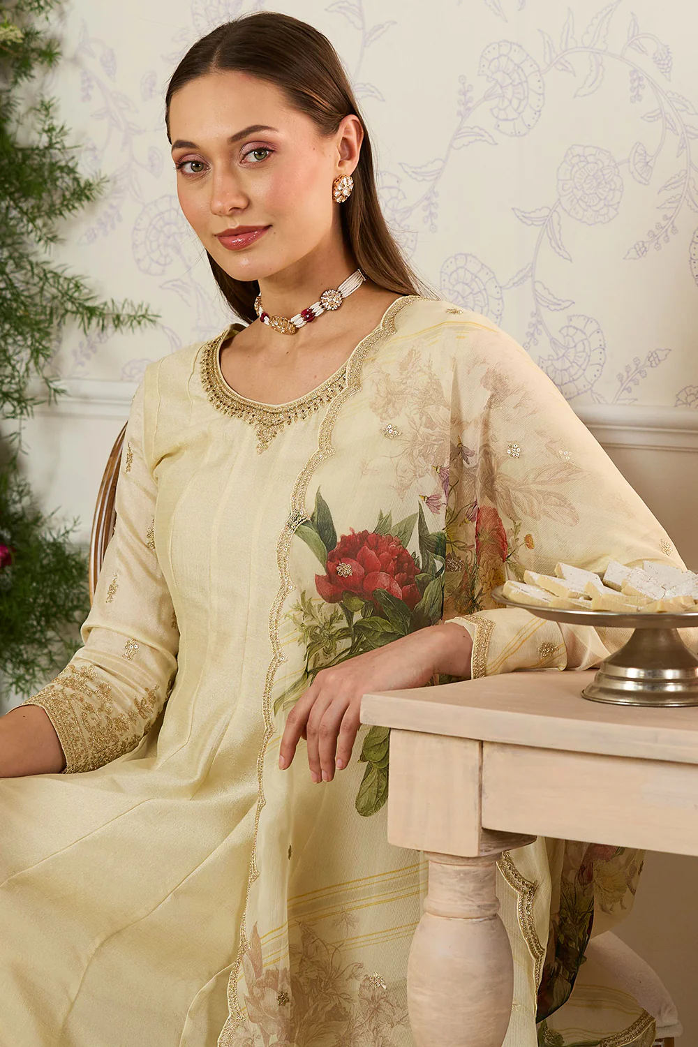 Cream Embroidered Crepe Silk Anarkali Suit - Image 7