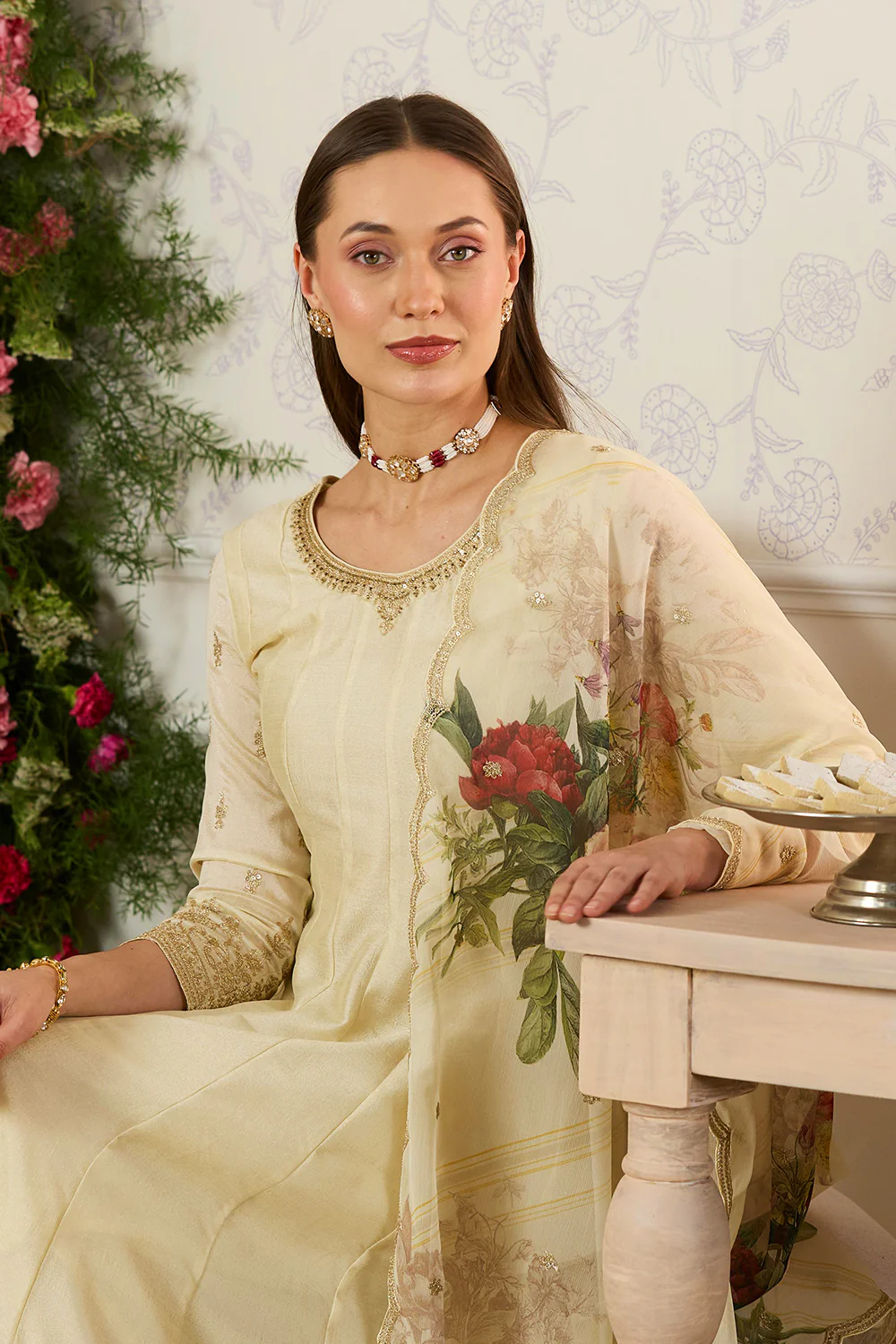 Cream Embroidered Crepe Silk Anarkali Suit - Image 8