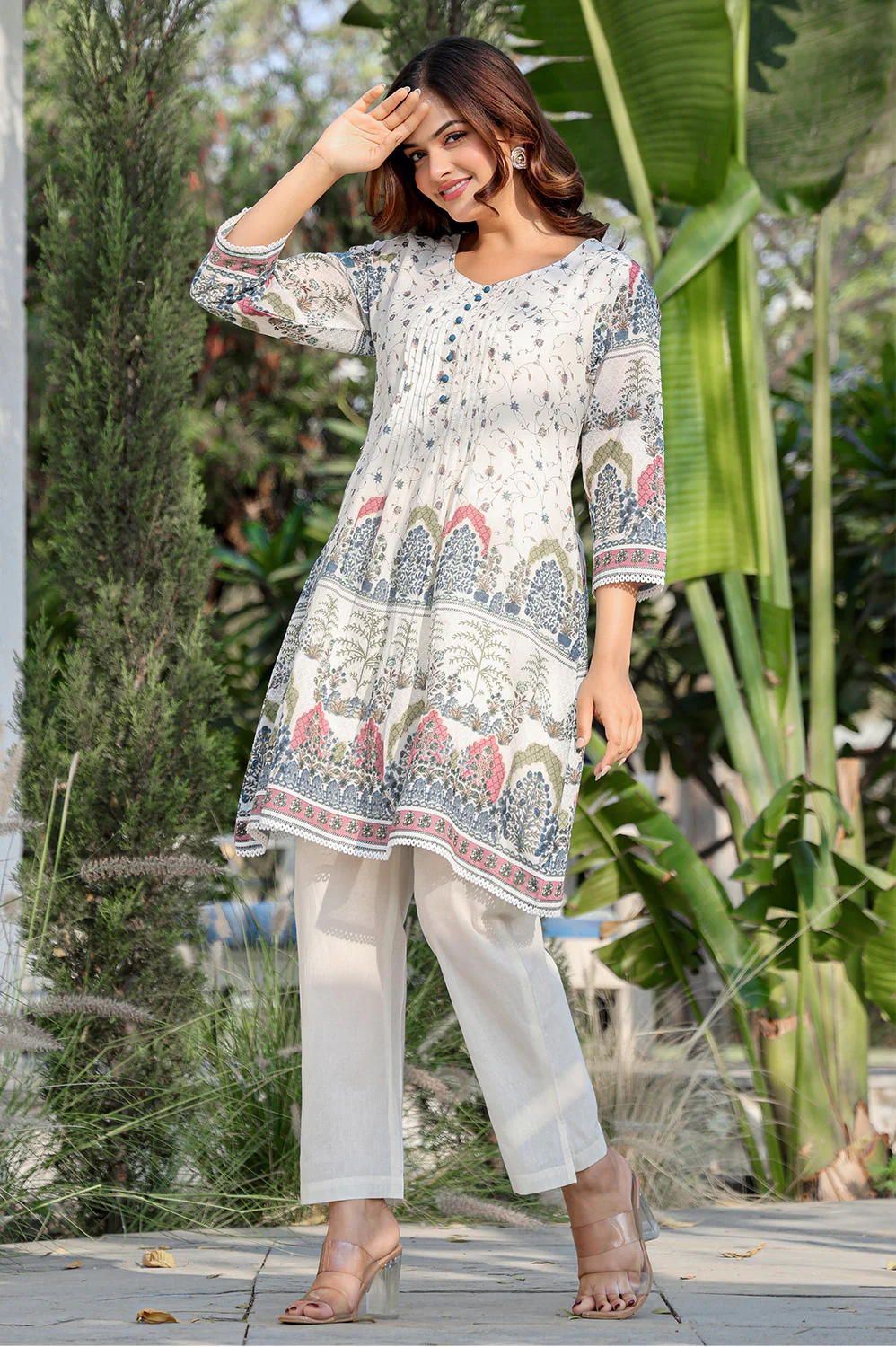 Cream Floral Printed Cotton Kurta Set - Image 2
