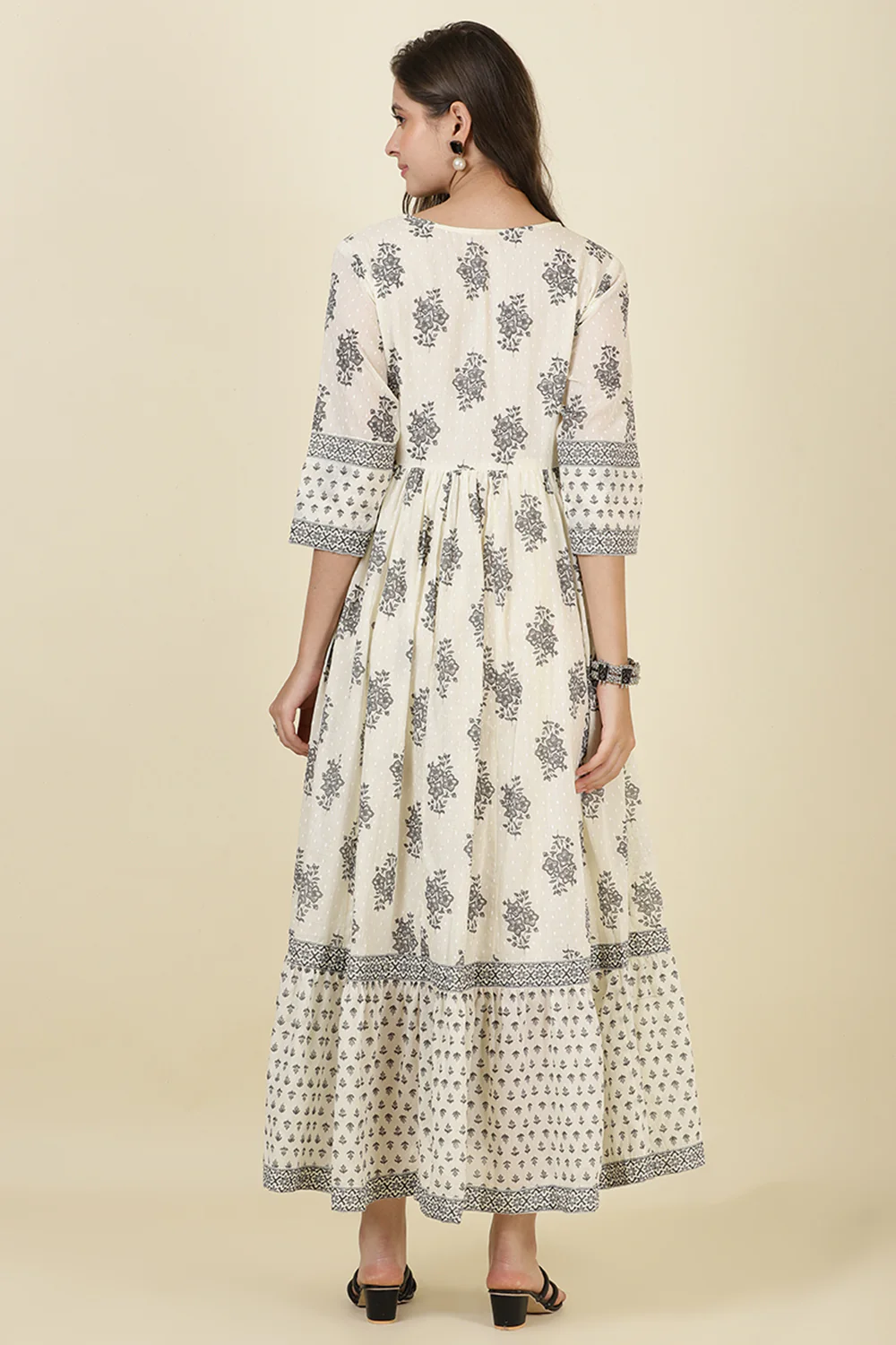 Cream & Grey Cotton Printed (Peonies) Anarkali Kurti - Image 3
