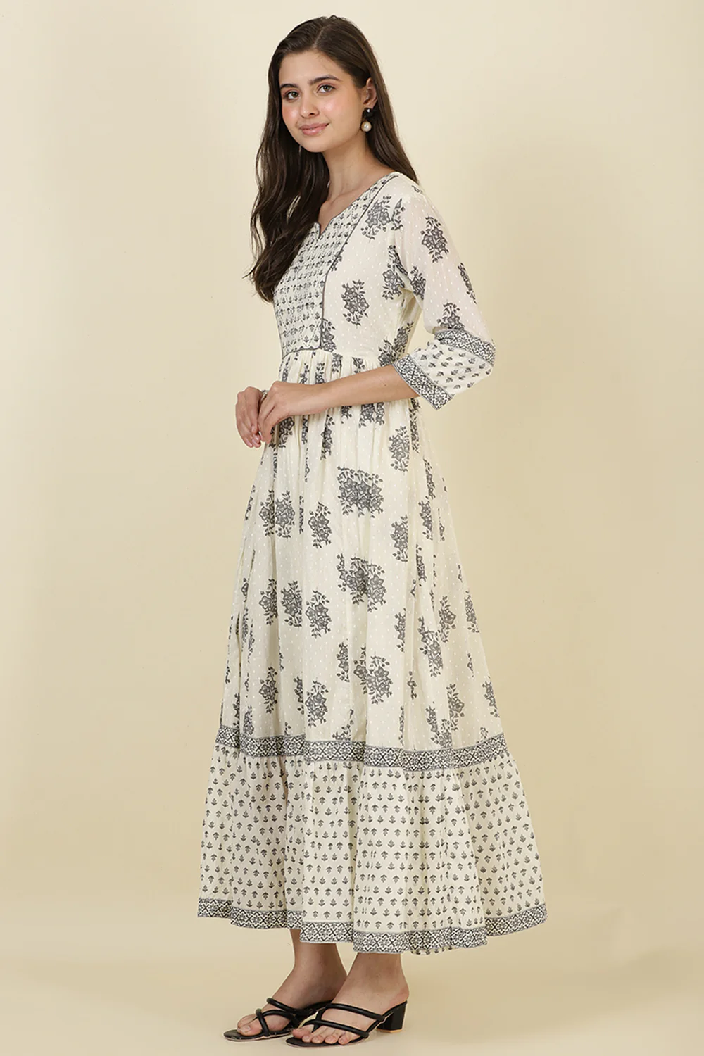 Cream & Grey Cotton Printed (Peonies) Anarkali Kurti - Image 4