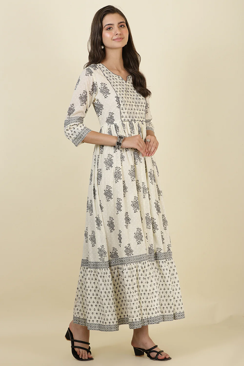 Cream & Grey Cotton Printed (Peonies) Anarkali Kurti - Image 5