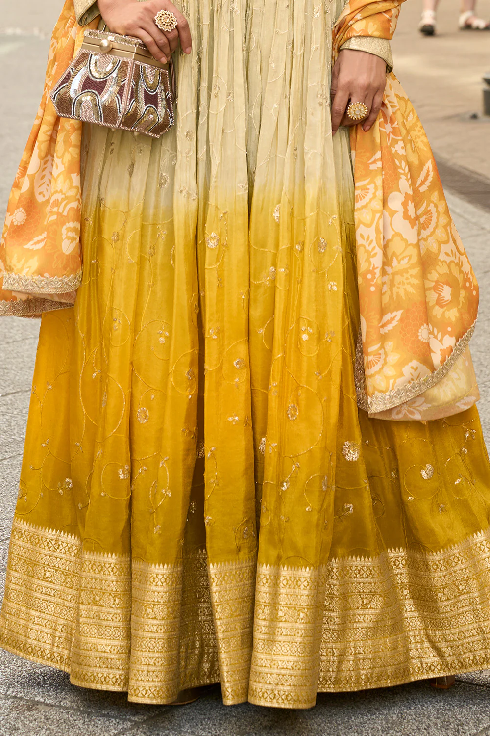 Cream & Mustard Ombre Embroidered Anarkali Suit - Image 4