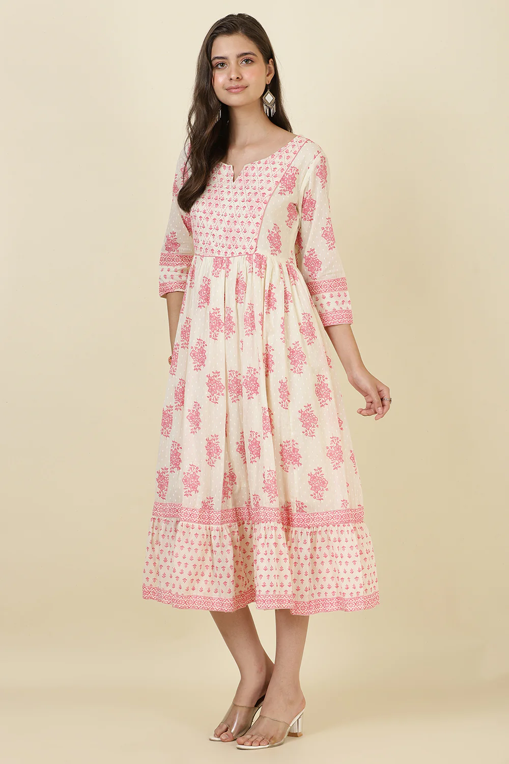 Cream & Pink Cotton Printed (Peonies) Anarkali Kurti - Image 4