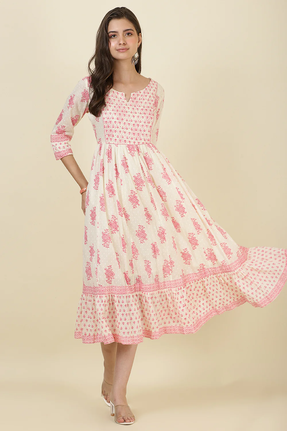 Cream & Pink Cotton Printed (Peonies) Anarkali Kurti - Image 5