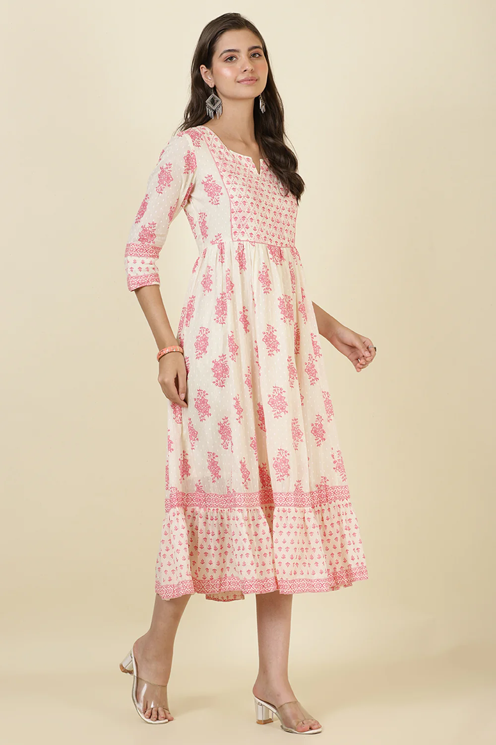 Cream & Pink Cotton Printed (Peonies) Anarkali Kurti - Image 7