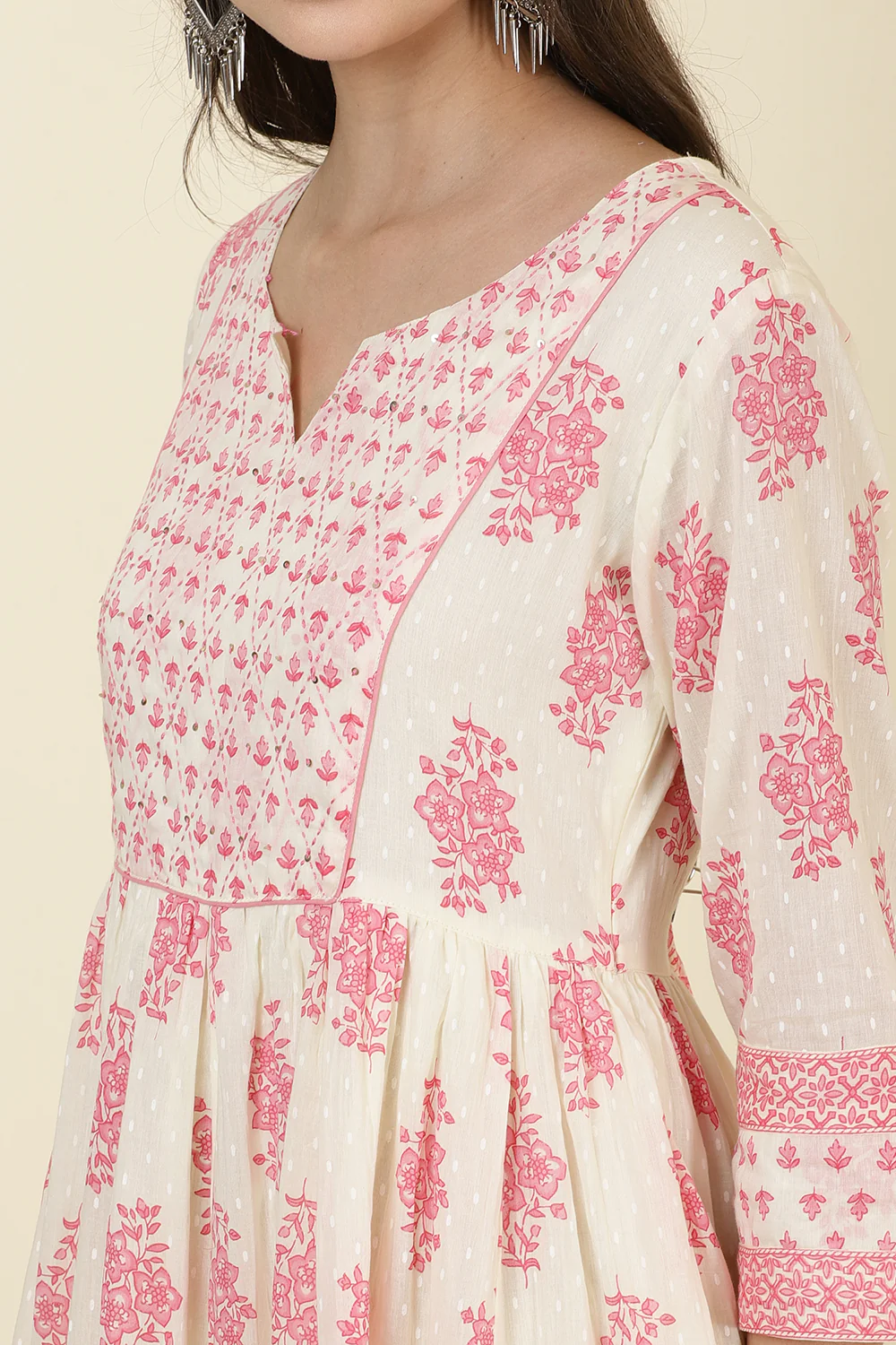 Cream & Pink Cotton Printed (Peonies) Anarkali Kurti - Image 8