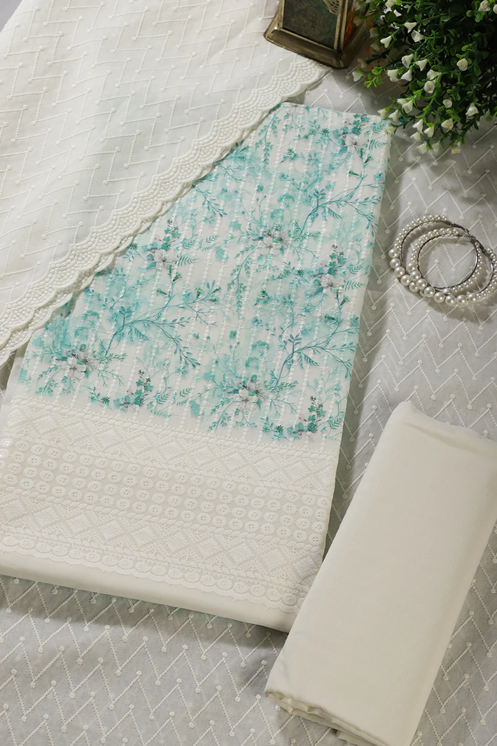 Cream & Teal Cotton Chikankari Work Floral Printed Unstitched Suit - Image 3