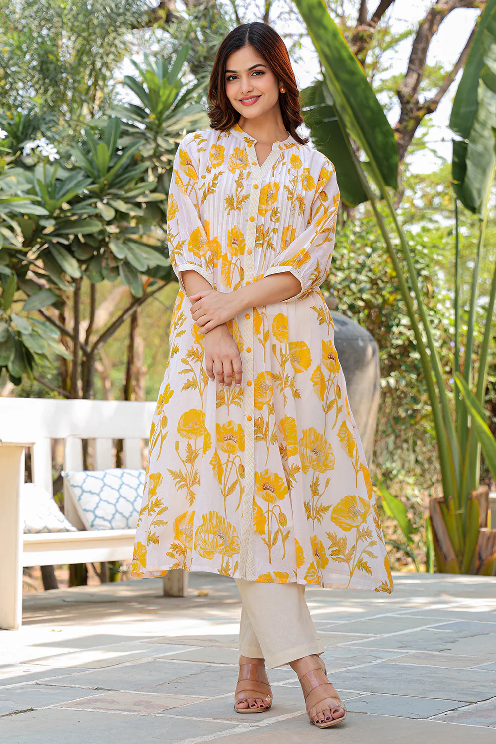 Cream & Yellow Cotton Floral Printed Kurta Set - Image 11
