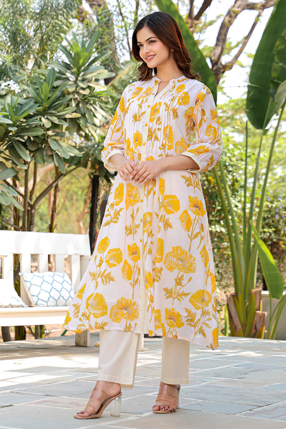 Cream & Yellow Cotton Floral Printed Kurta Set - Image 12