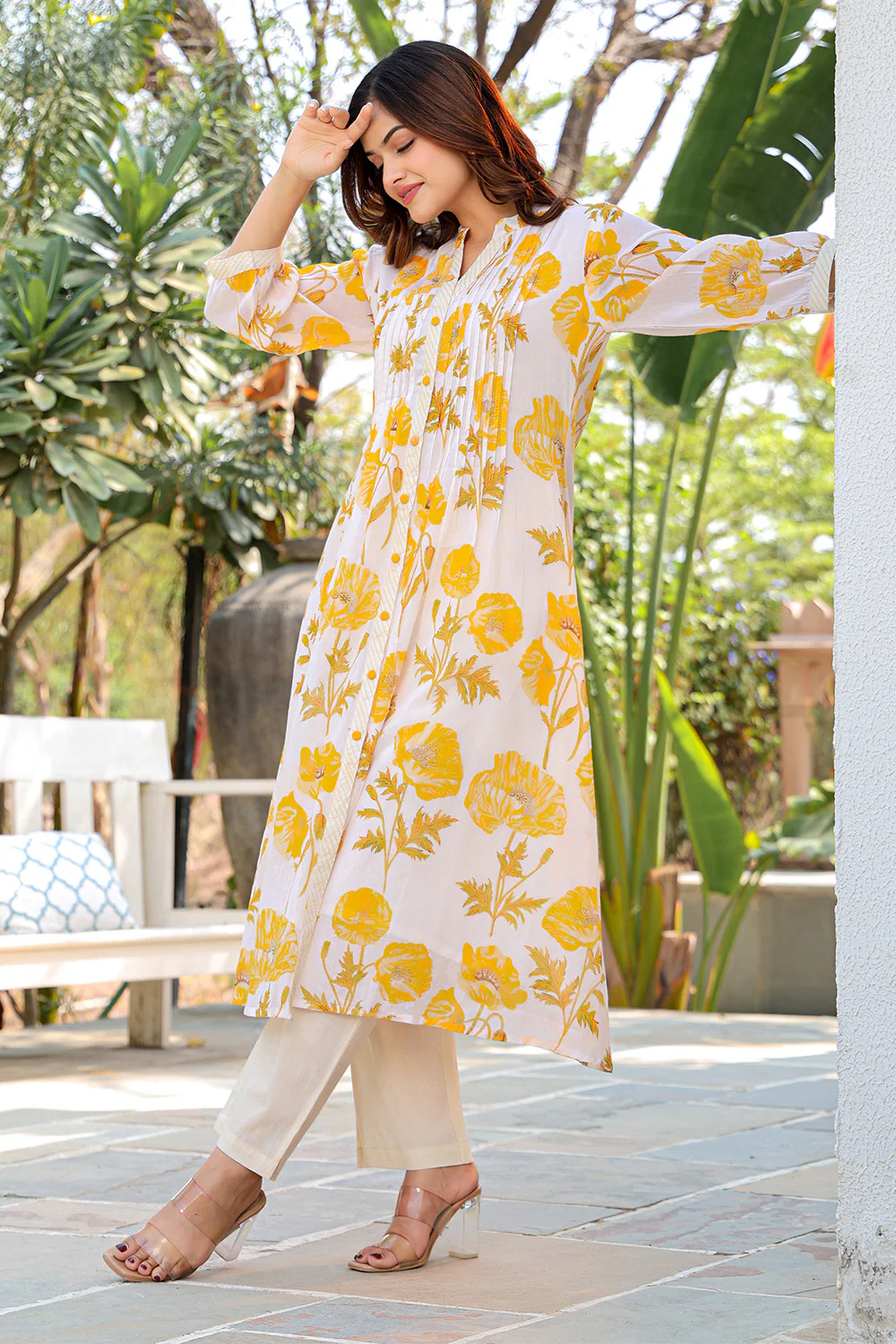 Cream & Yellow Cotton Floral Printed Kurta Set - Image 4