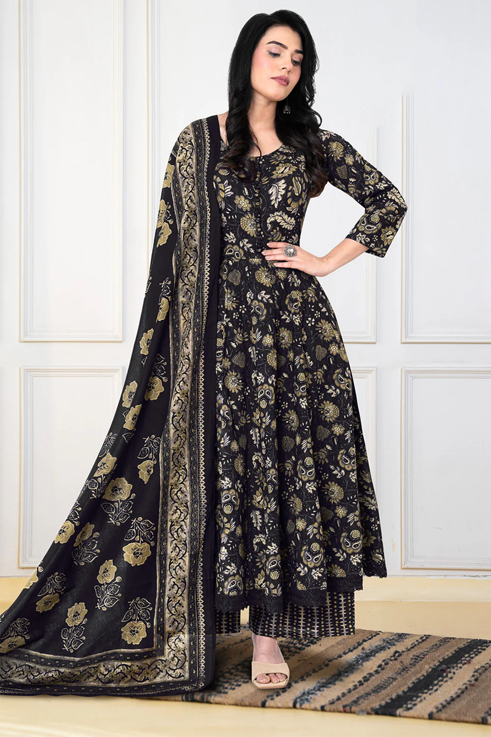 Dark Purple Cotton Floral Printed Anarkali Suit Set