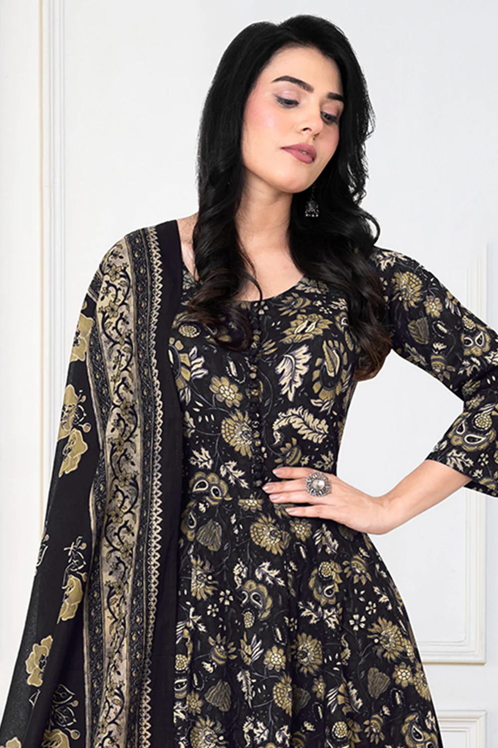 Dark Purple Cotton Floral Printed Anarkali Suit Set - Image 2