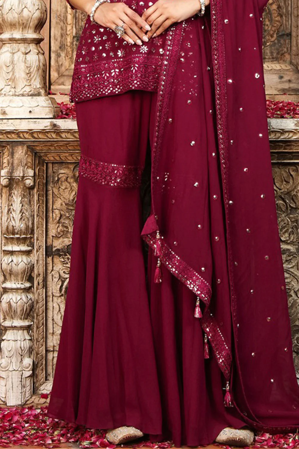 Dark Scarlet Color Georgette Embroidered Suit With Gharara - Image 2
