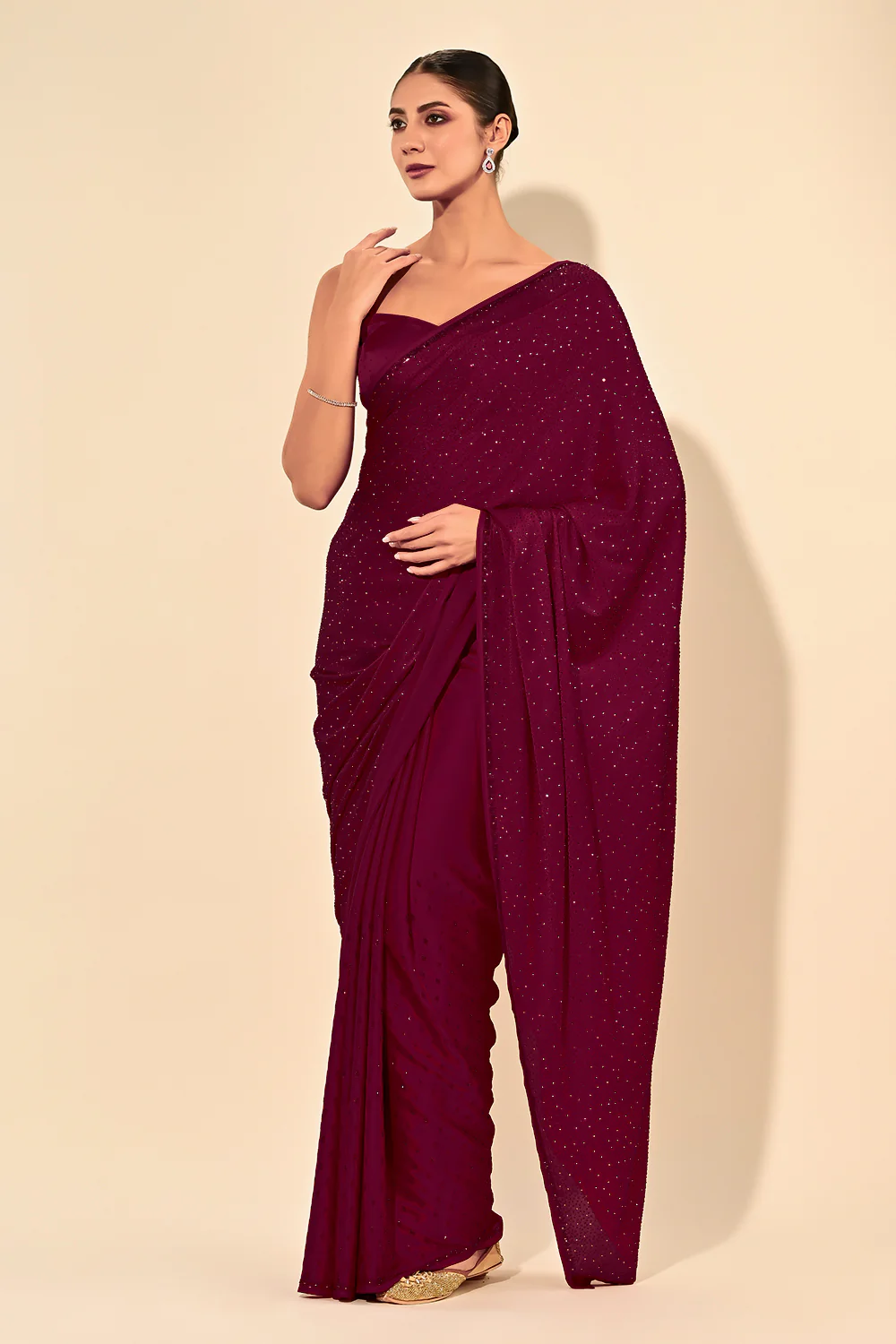 Dark Scarlet Color Satin Swarovski Work Saree - Image 2