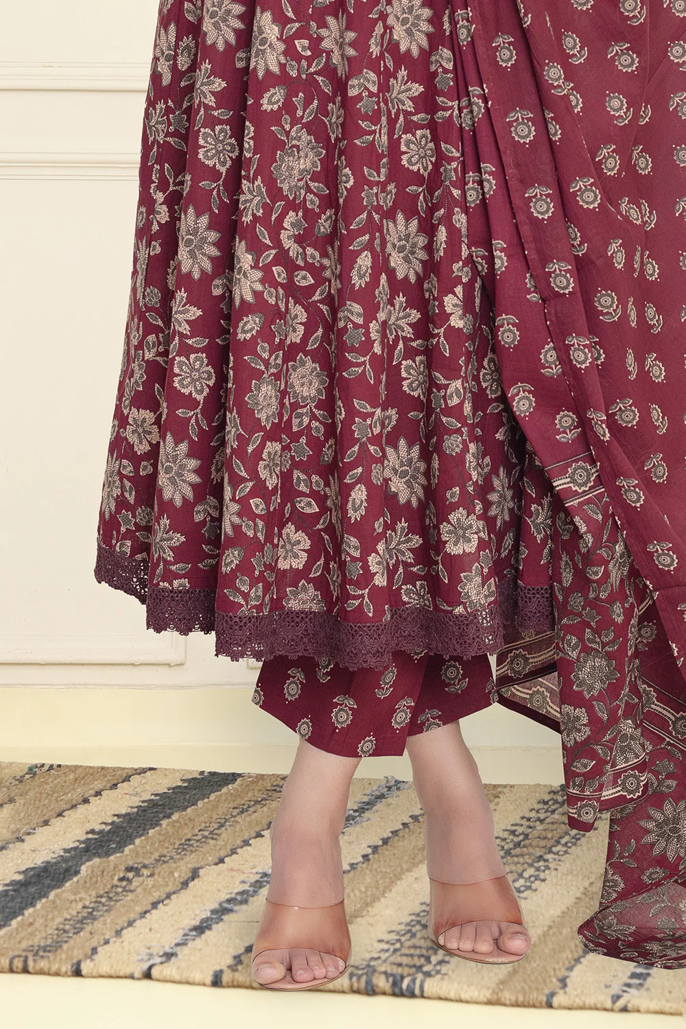 Dark Scarlet Cotton Floral Printed Anarkali Suit Set - Image 3