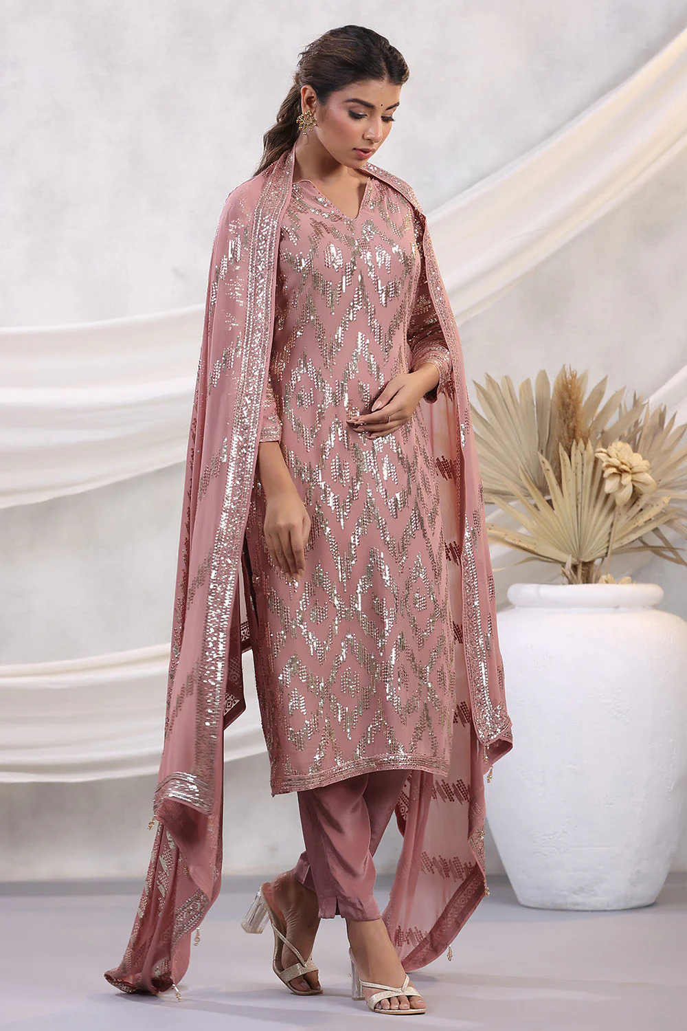 Dusty Pink Color Embroidered Georgette Unstitched Suit Material - Image 5