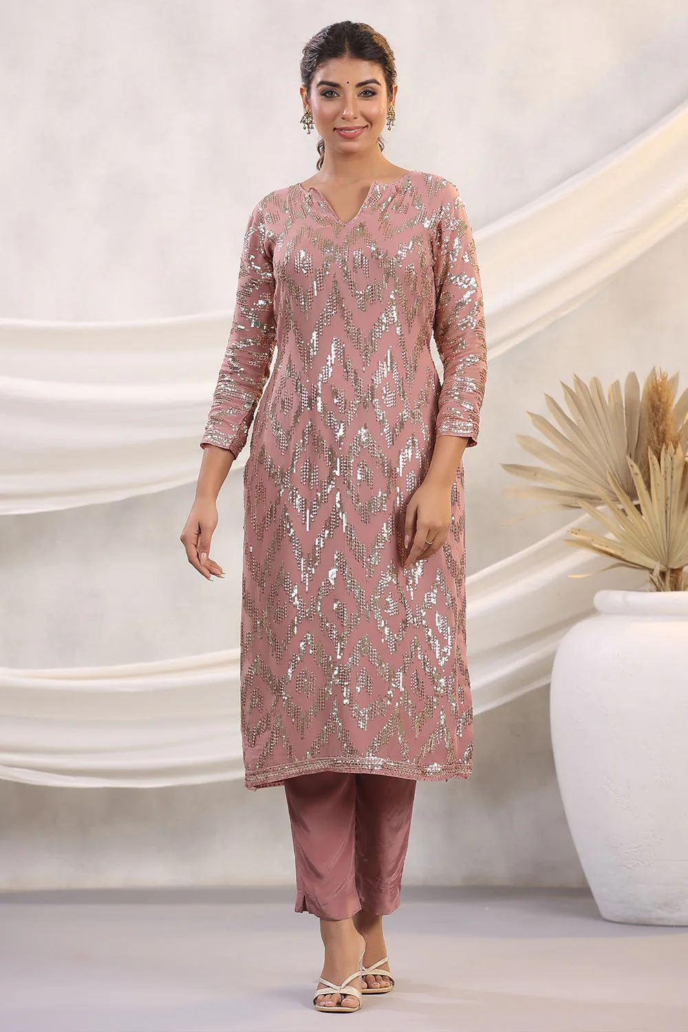Dusty Pink Color Embroidered Georgette Unstitched Suit Material - Image 7