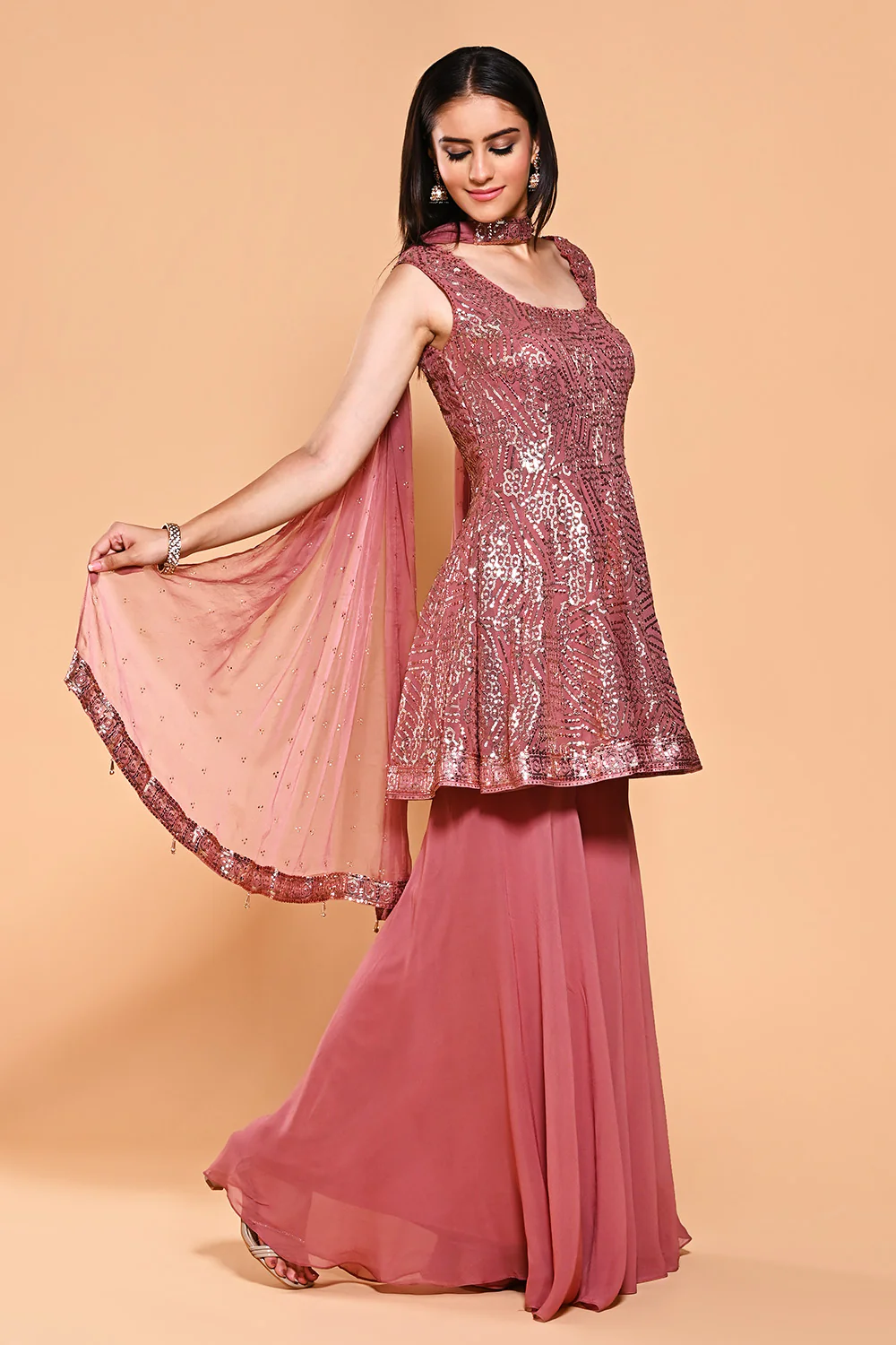 Dusty Pink Color Sequins Embroidered Georgette Peplum Gharara Suit - Image 2