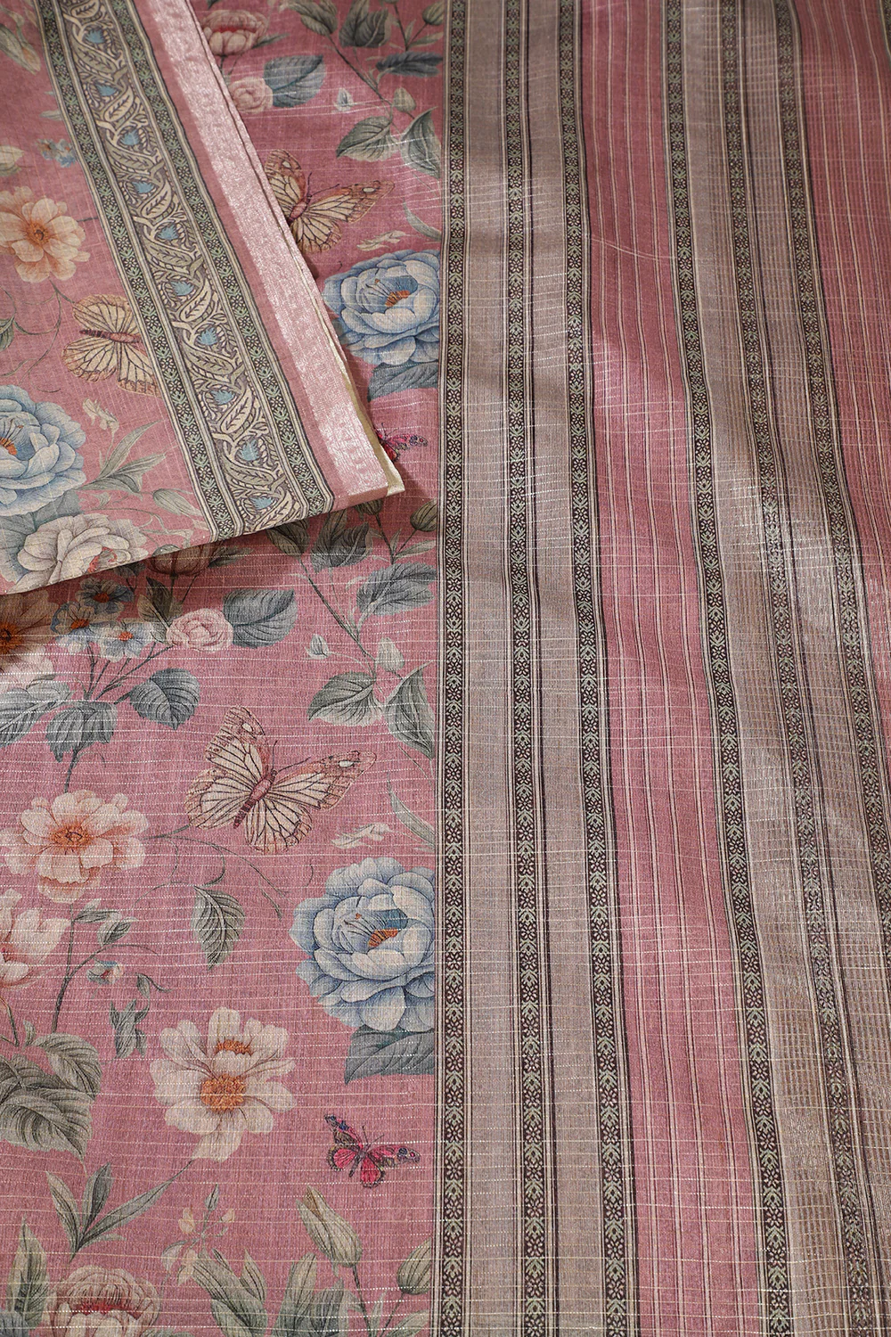 Dusty Pink Floral Printed Metallic Tissue Saree - Image 2