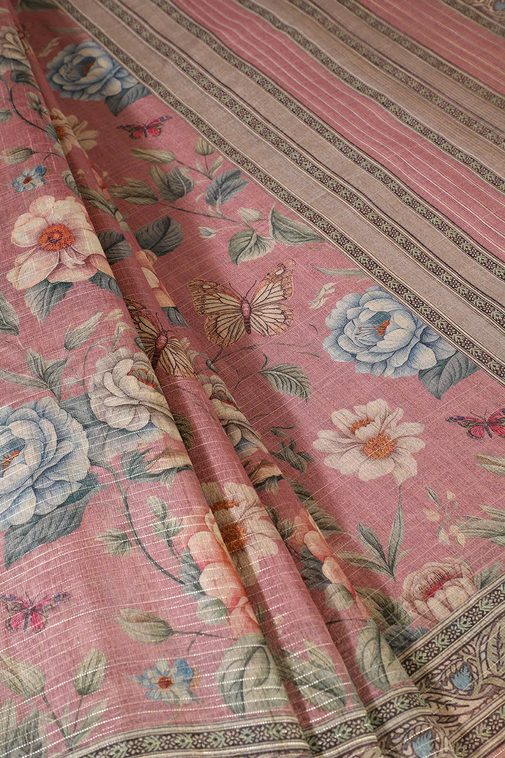 Dusty Pink Floral Printed Metallic Tissue Saree - Image 3