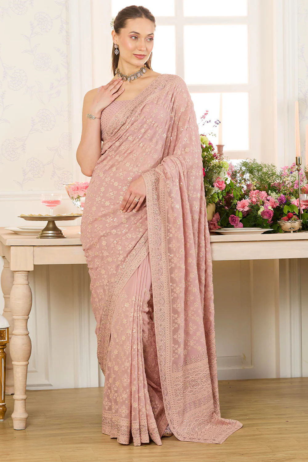Dusty Pink Georgette Embroidered And Swaroski Work Saree - Image 4
