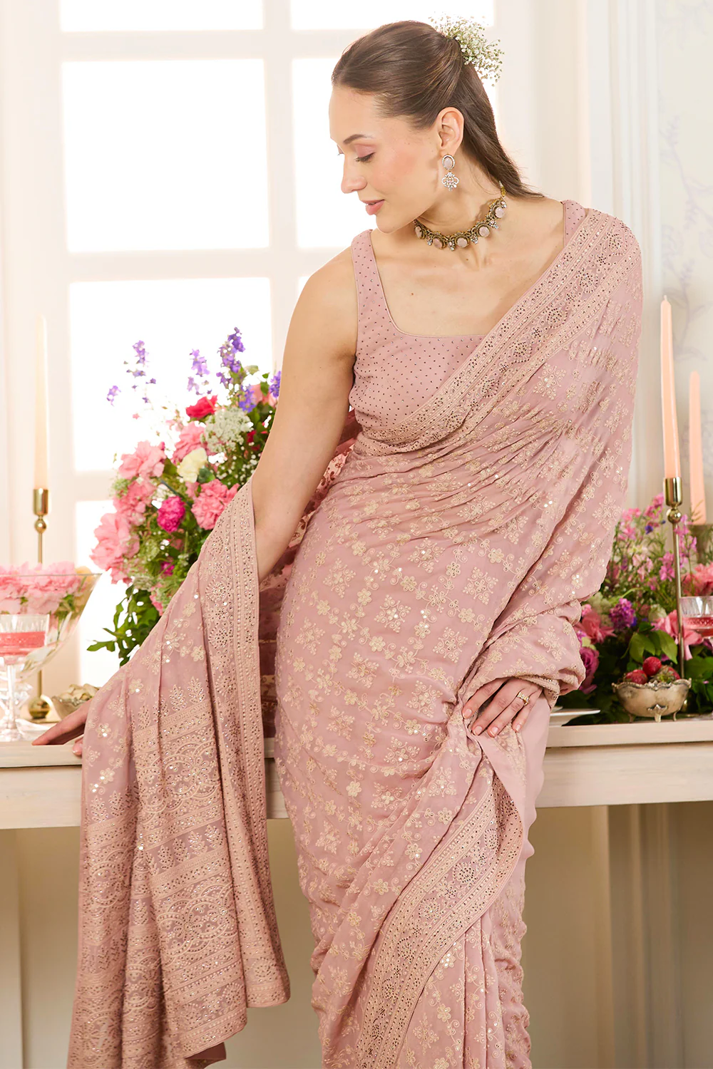 Dusty Pink Georgette Embroidered And Swaroski Work Saree - Image 5