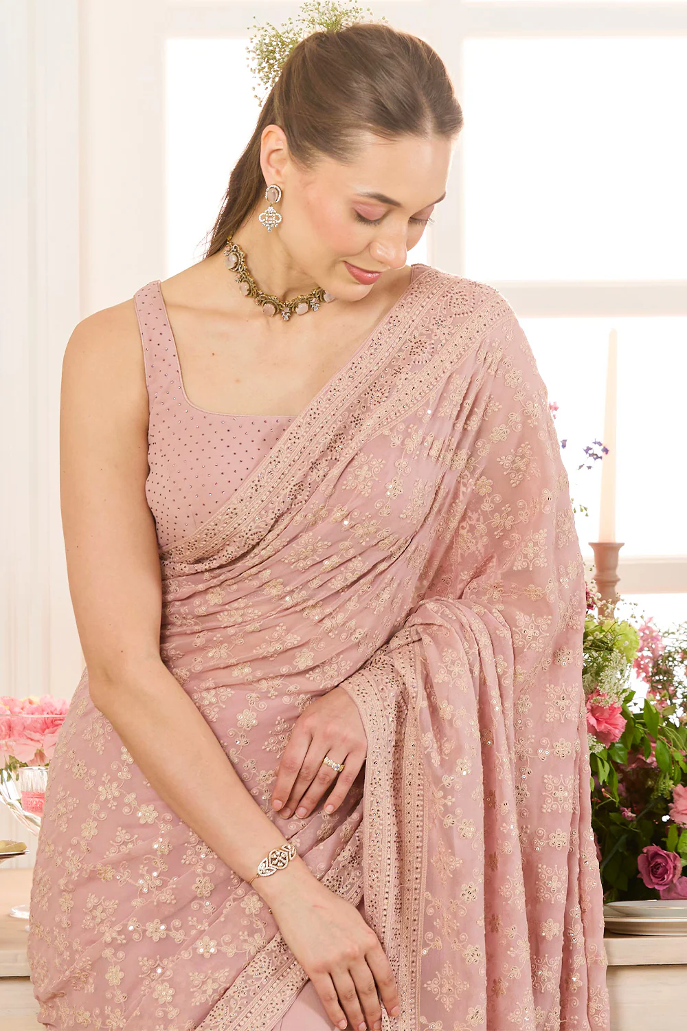 Dusty Pink Georgette Embroidered And Swaroski Work Saree - Image 8