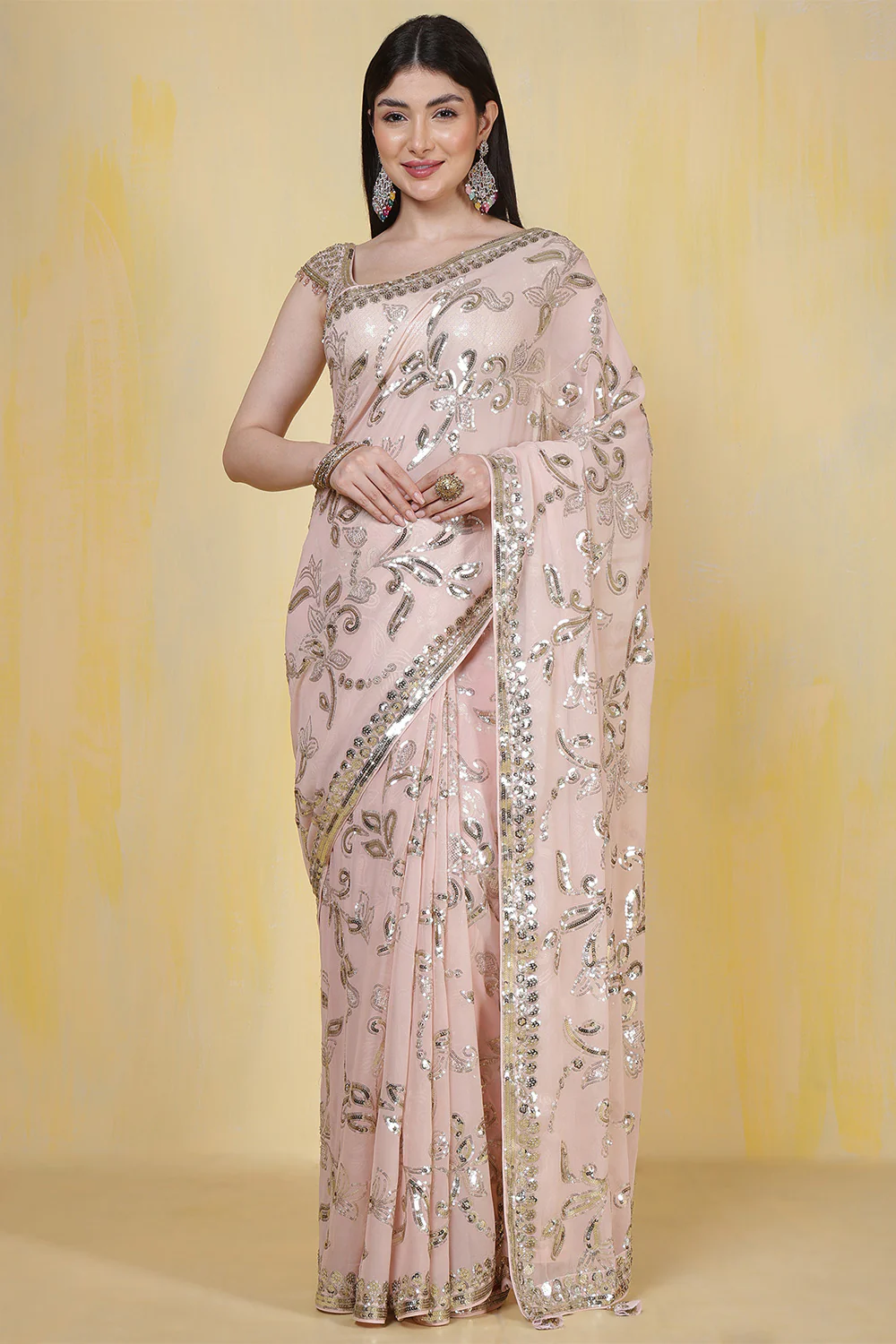 Dusty Pink Sequins Embroidered Georgette Saree