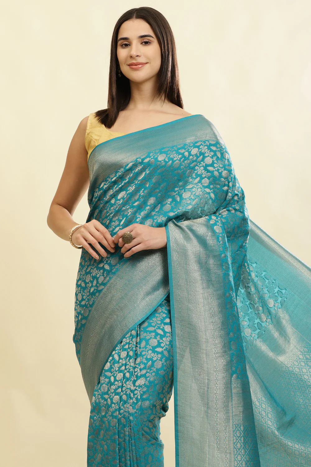 Eastern Blue Lightweight Banarasi Silk Weaving Saree - Image 7