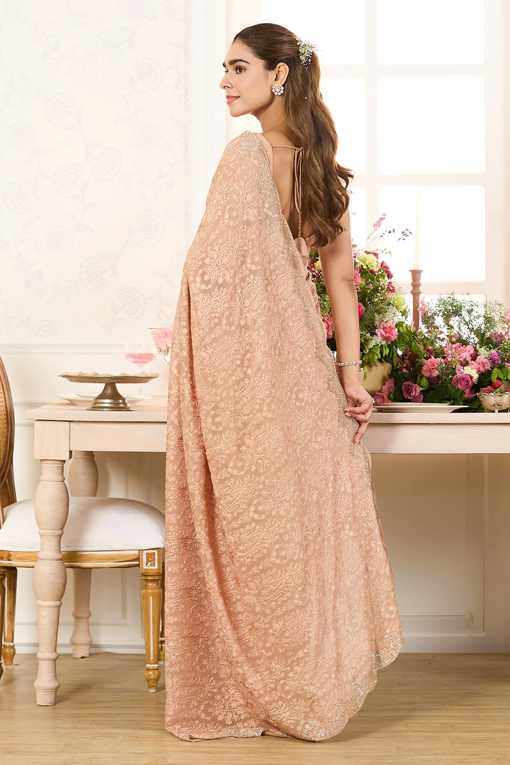 Fawn Georgette Embroidered And Swaroski Work Saree - Image 5