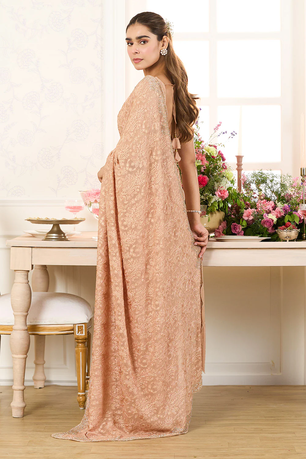 Fawn Georgette Embroidered And Swaroski Work Saree - Image 6