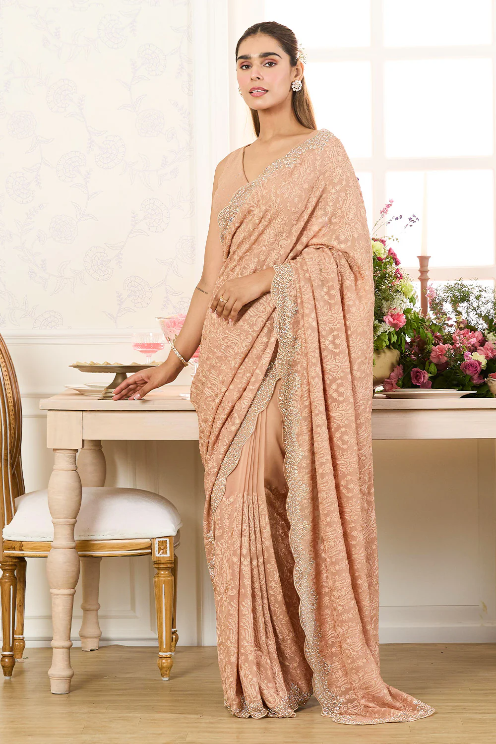 Fawn Georgette Embroidered And Swaroski Work Saree - Image 7