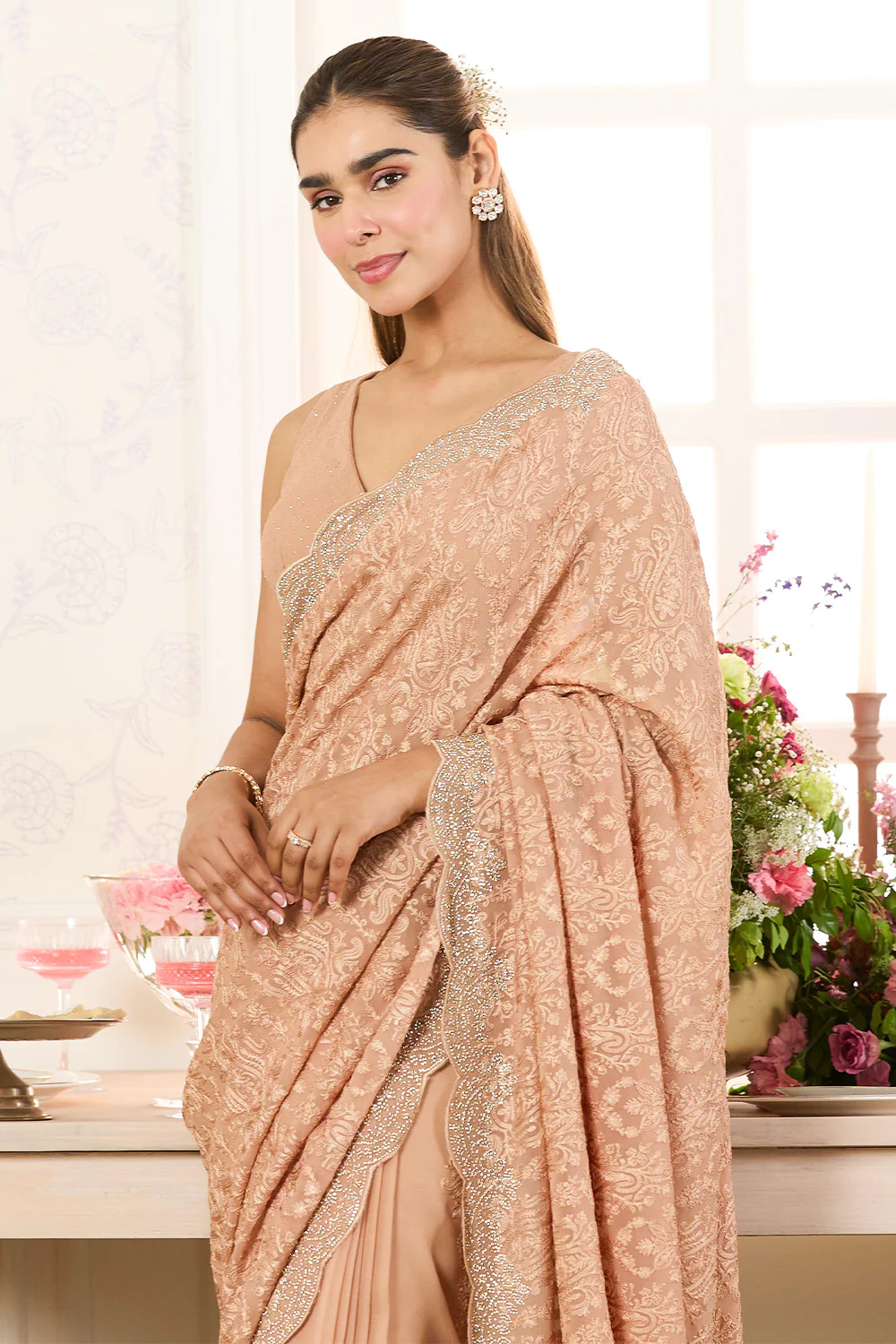 Fawn Georgette Embroidered And Swaroski Work Saree - Image 8