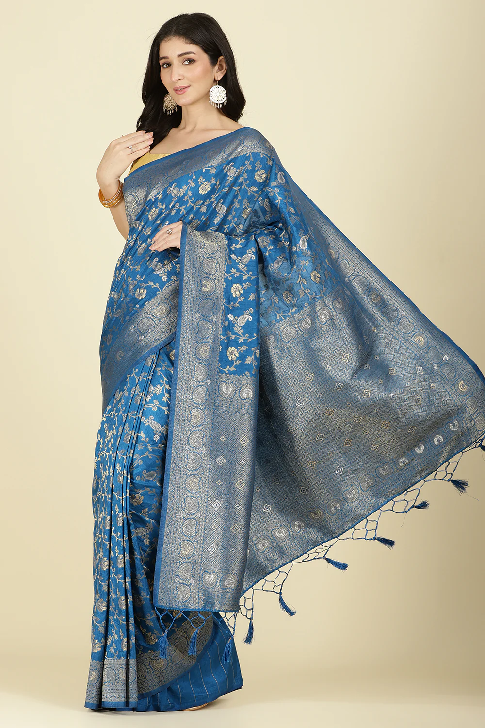 Flat Blue Colour Zari Woven South Silk Saree - Image 9