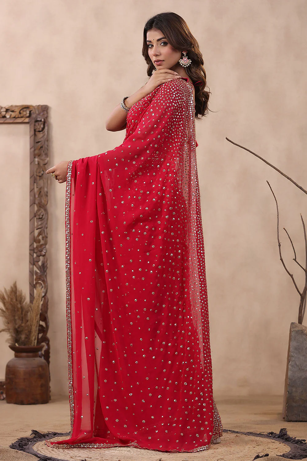 Fuchsia Pink Color Embroidered Georgette Saree With Readymade Blouse - Image 3