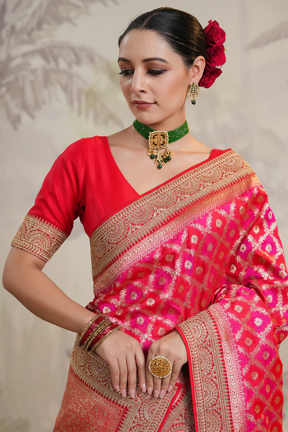 Fuchsia Pink Color Silk Woven Saree - Image 7