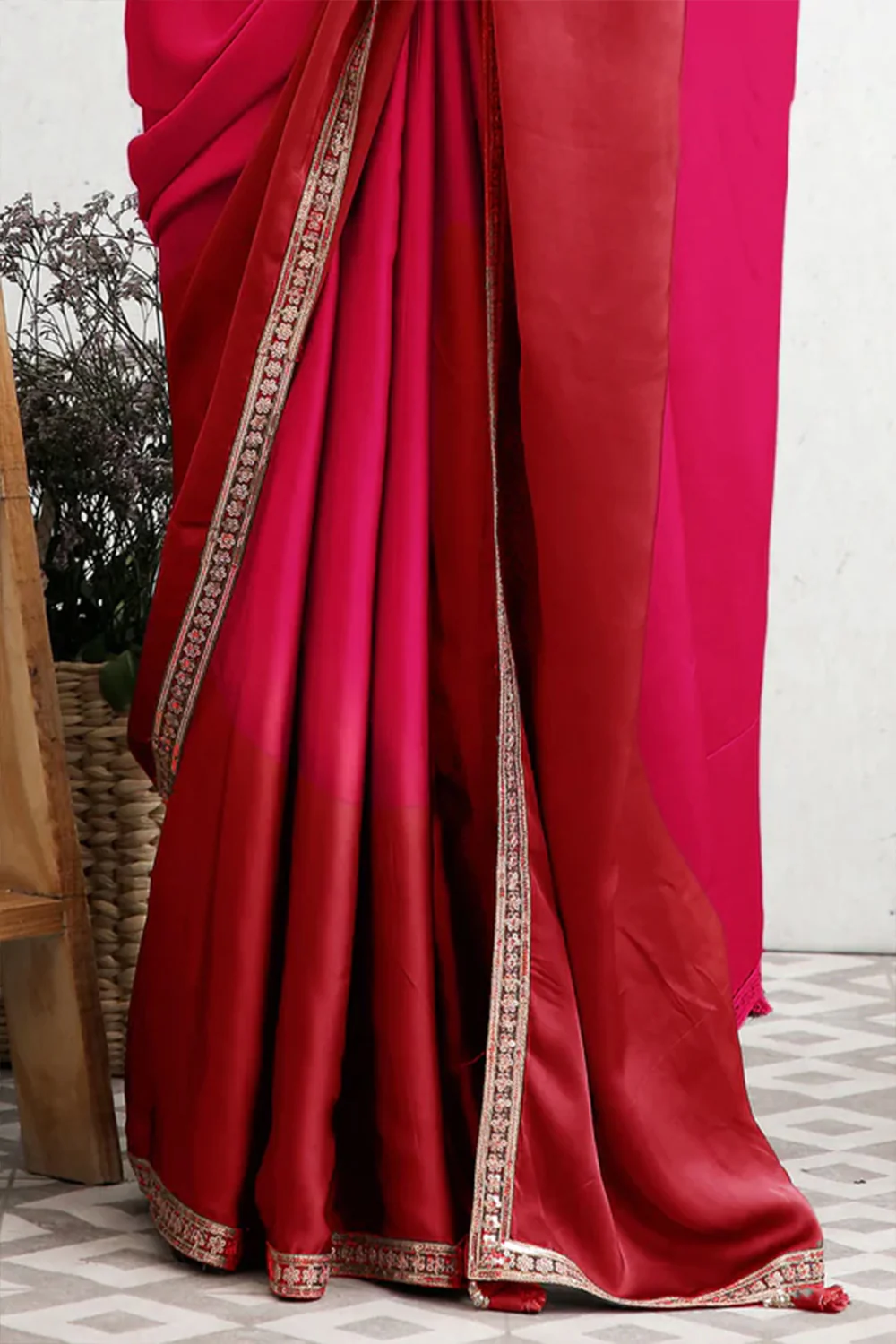Fuchsia Pink  Colour Satin Saree. - Image 2