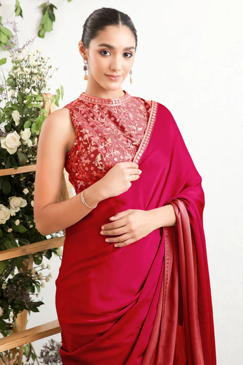 Fuchsia Pink  Colour Satin Saree. - Image 3