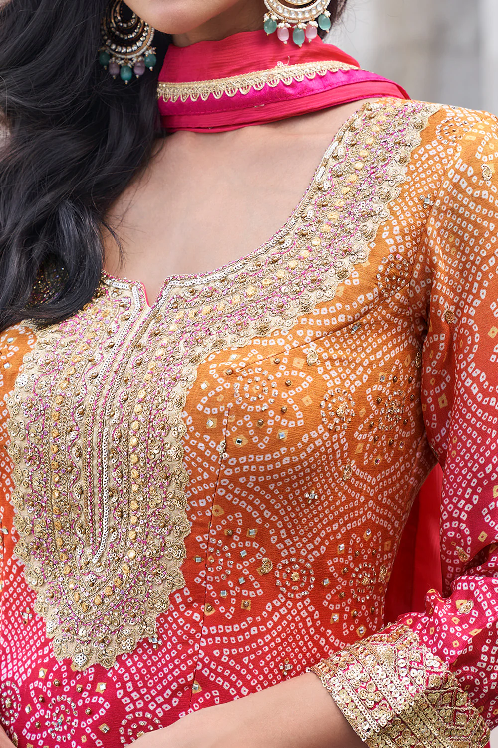 Fuchsia Pink Crepe Silk Bandhani Printed And Embroidered Suit With Sharara - Image 4
