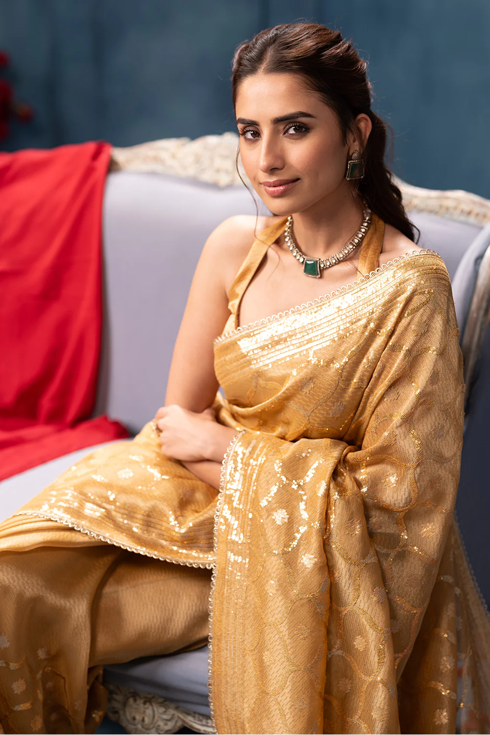 Golden Sequins and Resham Embroidered Metallic Tissue Saree - Image 7