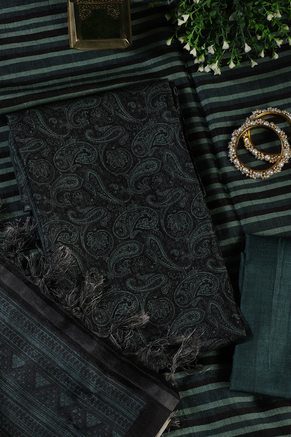 Green & Black Digital Printed Chanderi Cotton Unstiched Suit Material - Image 2