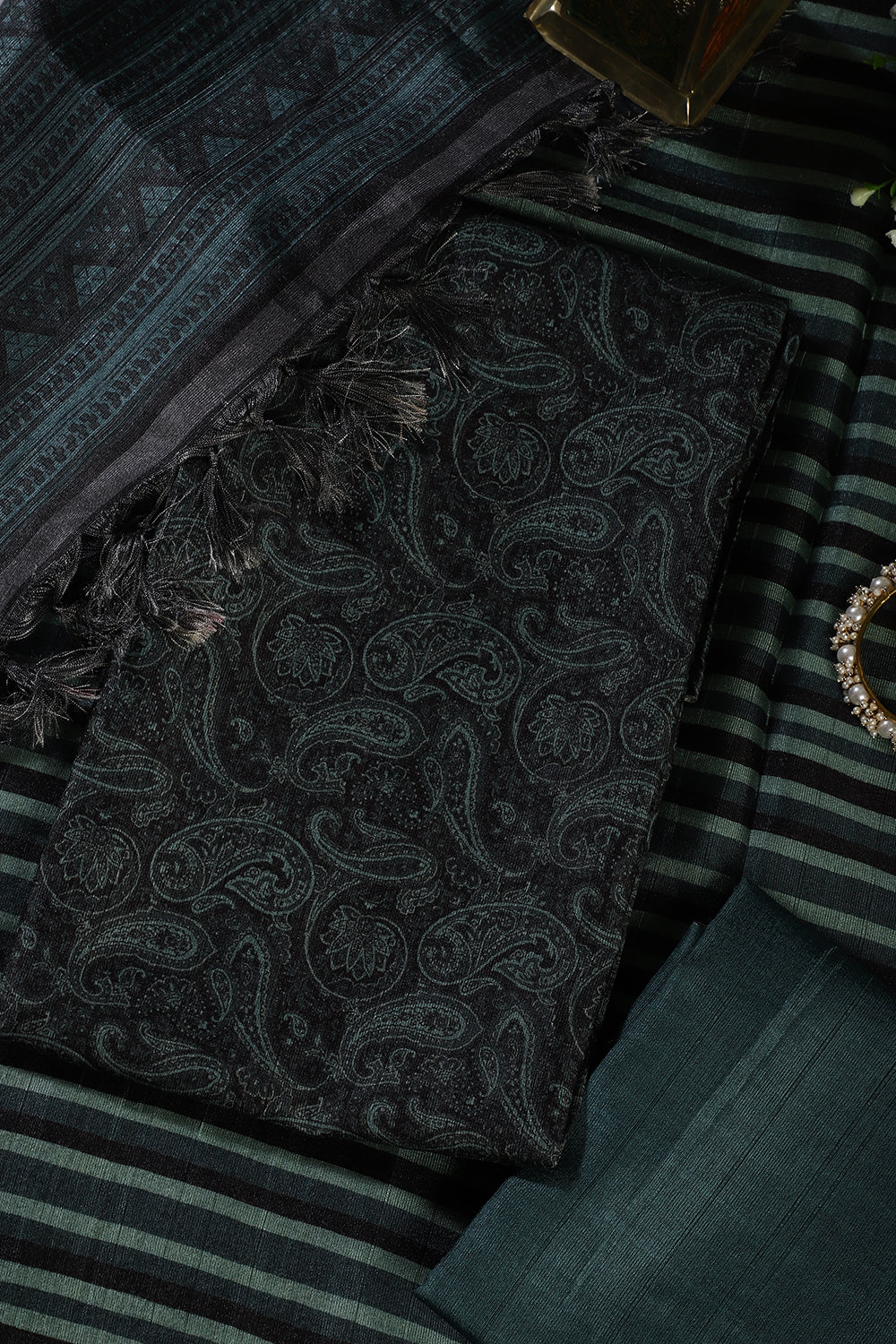 Green & Black Digital Printed Chanderi Cotton Unstiched Suit Material - Image 3