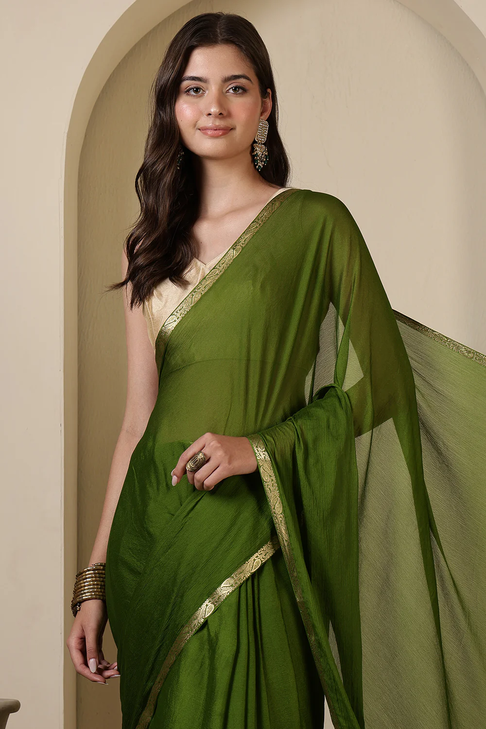 Green Chiffon Zari Border Saree - Image 3