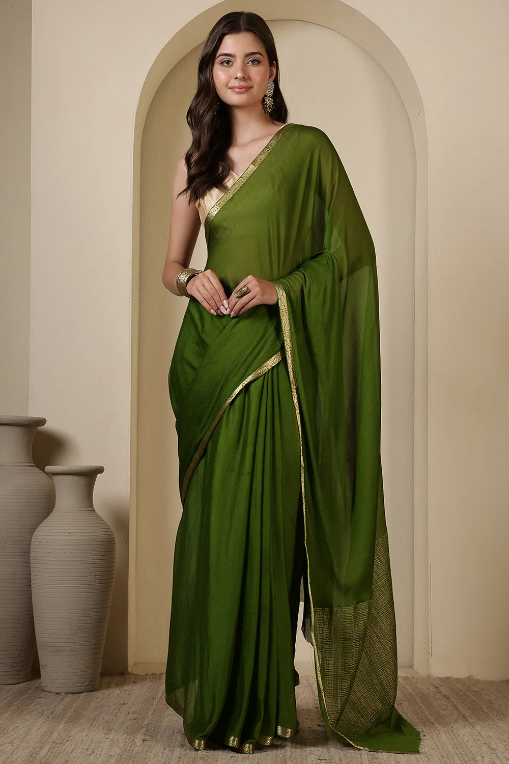 Green Chiffon Zari Border Saree - Image 4
