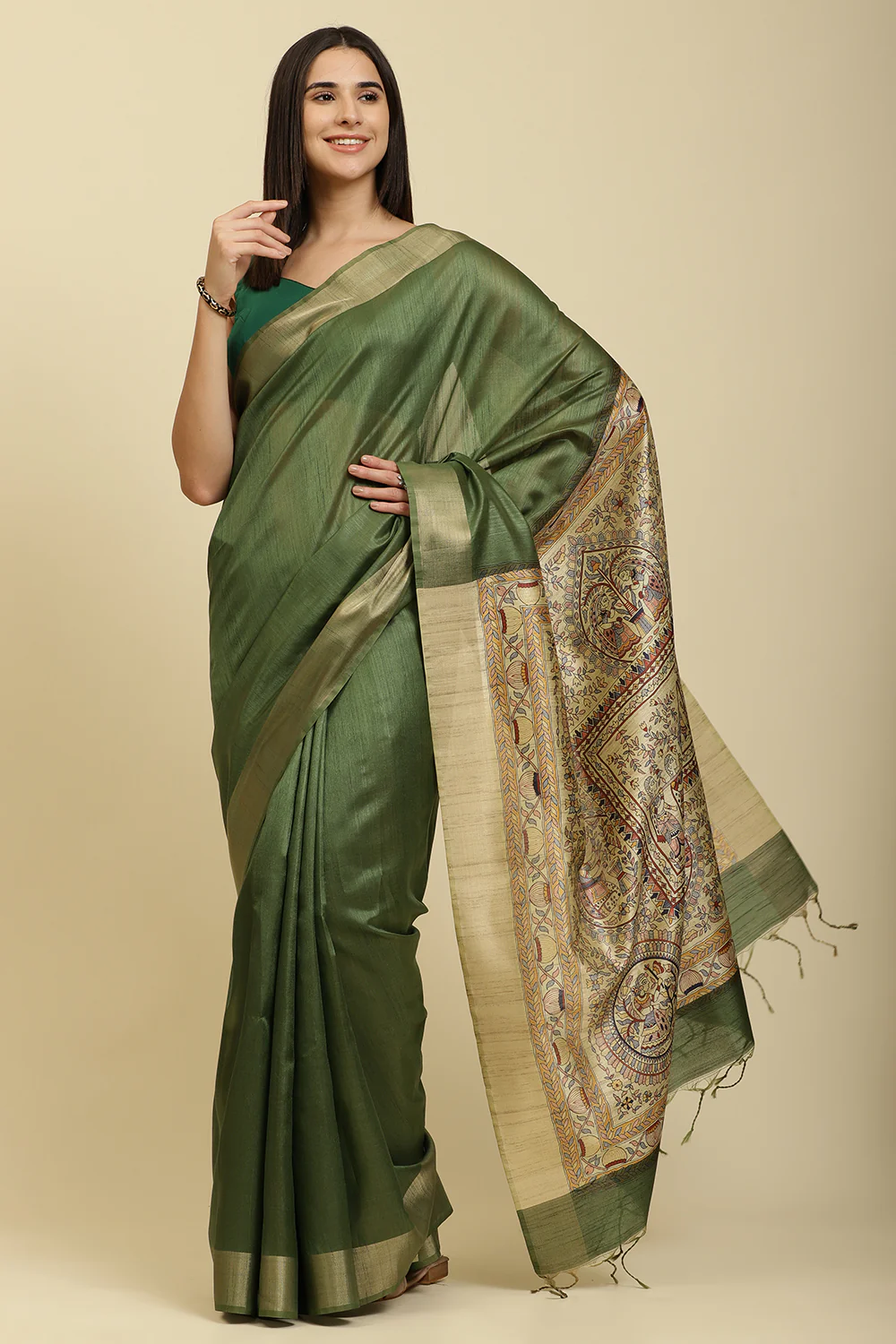 Green Color Cotton Silk Madhubani Print Saree - Image 3